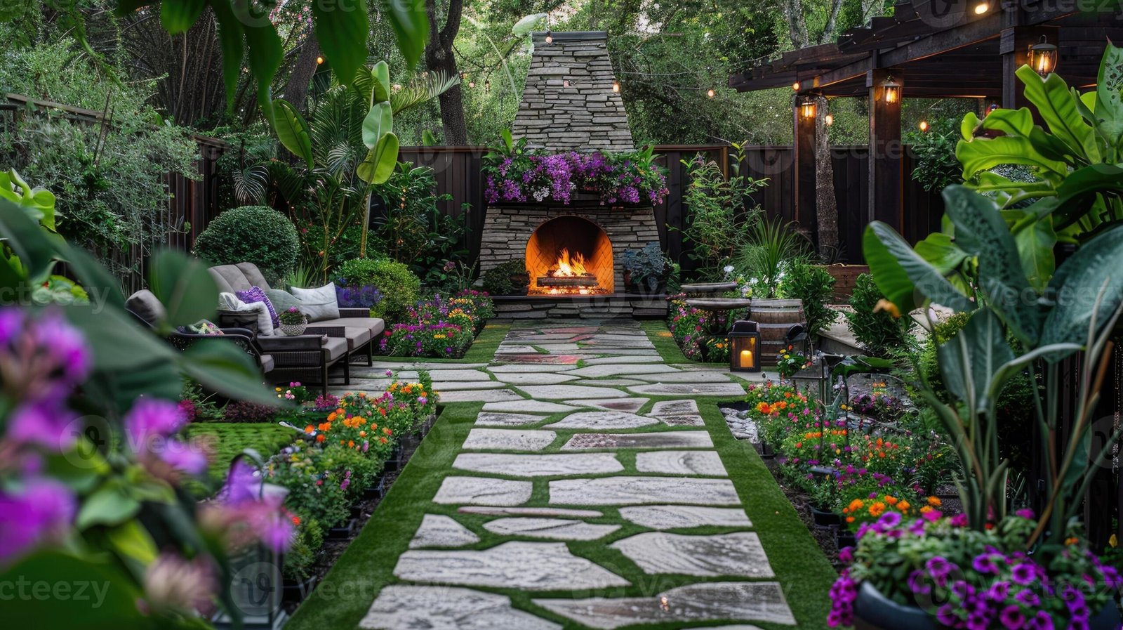 Beautiful outdoor backyard with a stone fireplace, sofas, and greenery overflowing