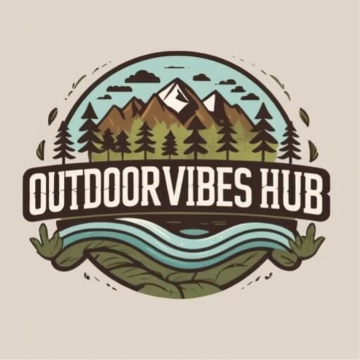 Outdoor Vibes Hub logo featuring mountains, trees, and a flowing river within a circular design