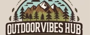 Outdoor Vibes Hub logo featuring mountains, trees, and a flowing river within a circular design